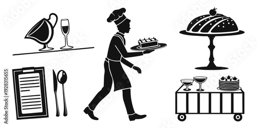 A waiter is carrying a tray of food in a restaurant with a table set for dining. Vector