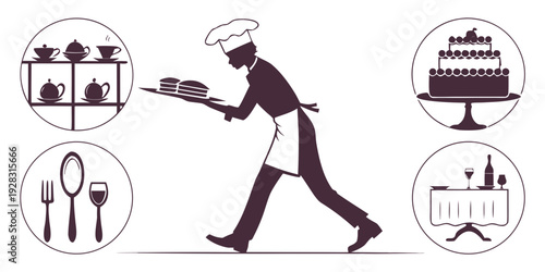 A chef in a white uniform and hat pointing towards various kitchen utensils and equipment Vector