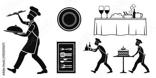 A man walking with a tray of drinks and a woman serving food at a buffet Vector