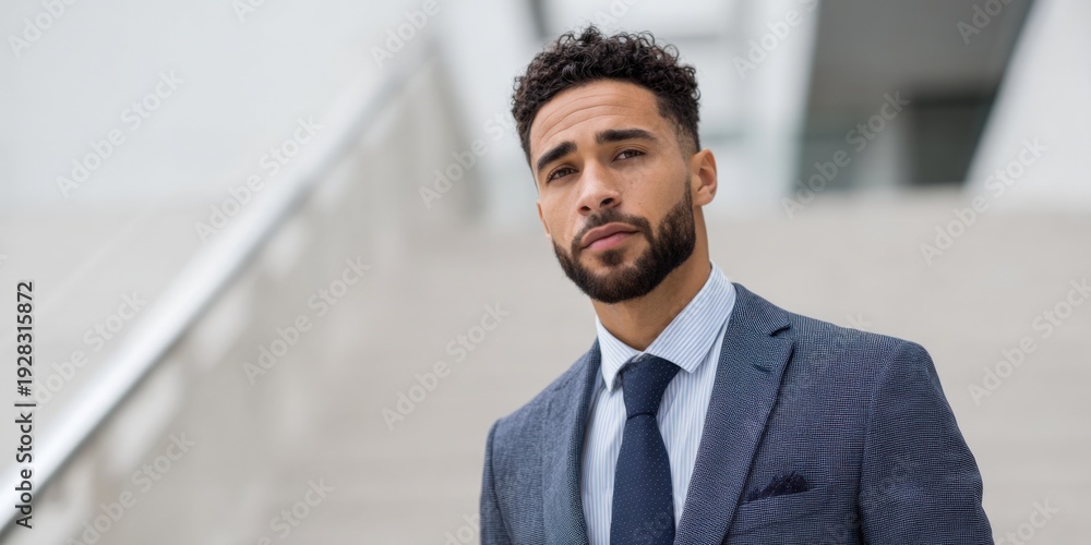 Fototapeta premium Confident young adult african male in suit on urban steps
