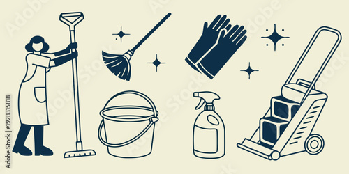 A person cleaning a room with various tools and supplies Vector