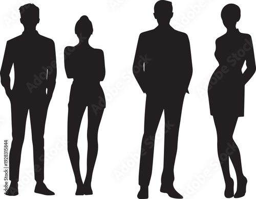 Young Man and Women Standing black silhouette vector isolated on white background 