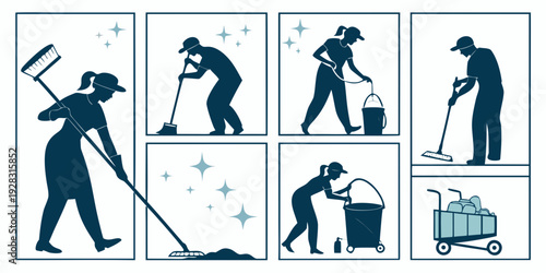 Illustrations of various cleaning activities performed by individuals Vector