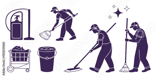 People engaged in various cleaning activities in a household setting Vector