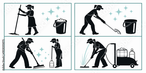 A series of illustrations depicting various cleaning activities using different tools. Vector