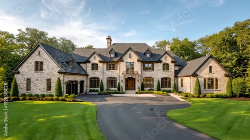 Grand luxury suburban mansion with stone facade, manicured lawn and curved driveway under bright blue summer sky