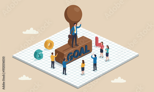 Businessman together with alphabet building the word GOAL on graph paper notebook with other people admiring