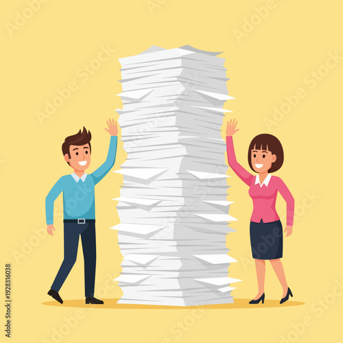 Man and Woman with Large Pile of Papers.