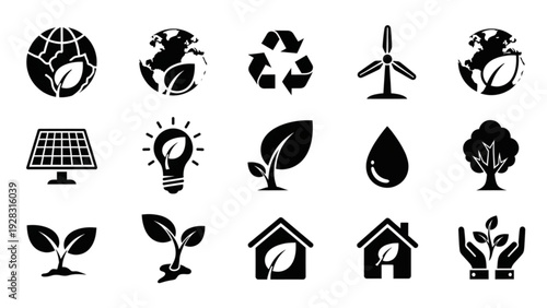 Eco and Sustainability Glyph Icon Set – Solid Environmental and Green Energy Symbols Collection