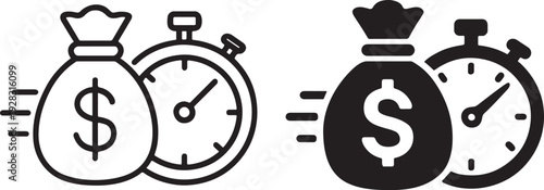 Fast loan finance icon with stopwatch and money.