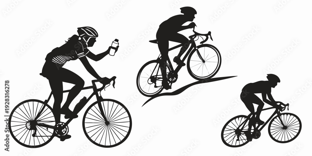 Obraz premium Three cyclists riding on a road in a row with different types of bicycles Vector