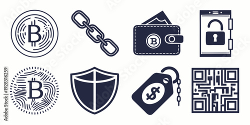 A collection of cryptocurrency and blockchain related icons and symbols Vector