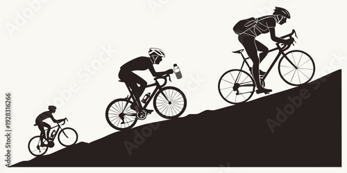 Three cyclists riding uphill in a row with different postures and speeds Vector