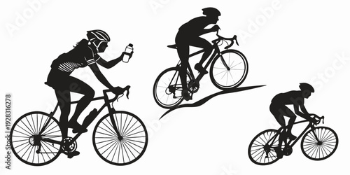 Three cyclists riding on a road in a row with different types of bicycles Vector