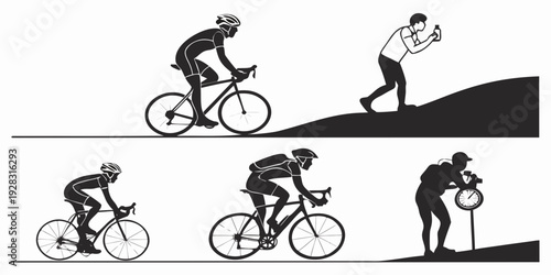 Cyclists overcoming a steep hill with different techniques and body positions Vector