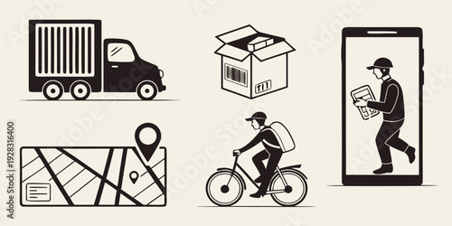 Illustrations of delivery, construction, and mobile app usage scenarios Vector