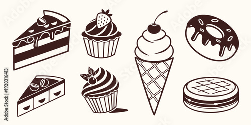 Assorted desserts including cakes, pastries, and ice cream. Vector