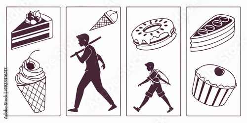 A person running towards various desserts including cakes, ice cream, and pies. Vector