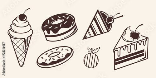 An assortment of delicious desserts including cakes, pastries, and ice cream. Vector
