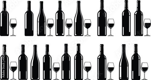 Collection of wine bottle and wine glass silhouettes in cad drawing flat vector illustration for restaurant bar menu and alcohol beverage design.