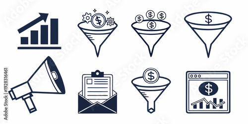 A collection of icons representing various aspects of business and marketing Vector