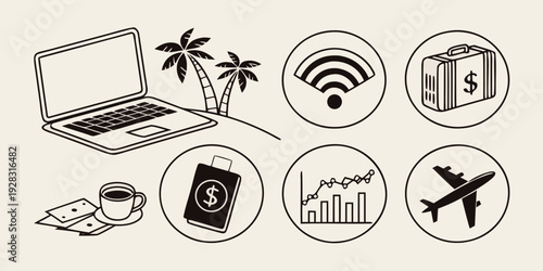 Illustration of various digital nomad tools and activities Vector