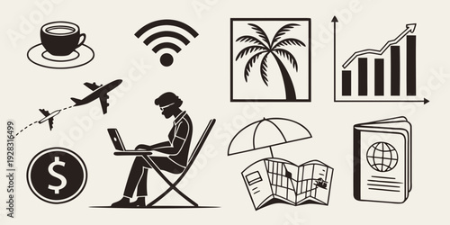 A person relaxing on a beach with various icons representing travel and leisure activities. Vector