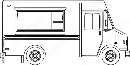 Simple black and white line of a classic food truck with serving window and wheels
