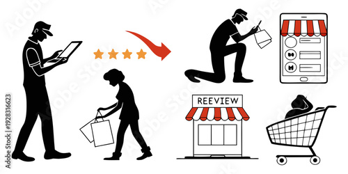 A person is shopping online while another is in a physical store with a shopping cart. Vector