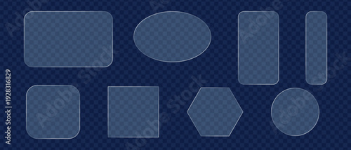 Vector glassmorphism geometric forms. Transparent window overlay set. Clear frosted glass effect for mobile app background