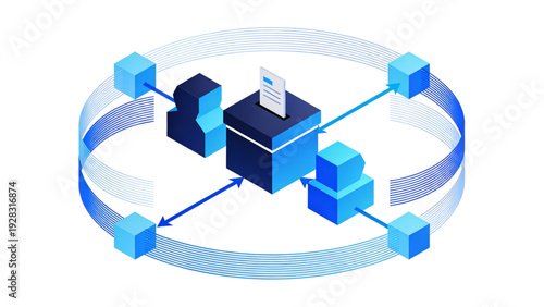 An abstract blue background featuring a circular 3D isometric Christmas tree rendered as a geometric city building structure with glowing network communication icons and internet technology design ele