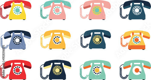 Retro rotary telephone collection in flat vector illustration for communication concept, vintage technology, office decor, pop art posters, branding and stickers set.