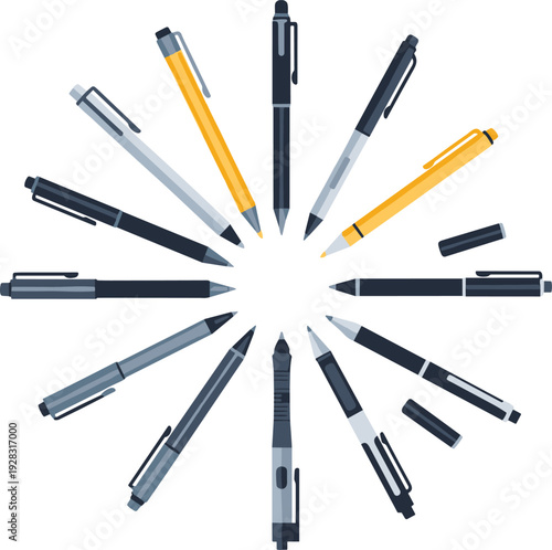 Ballpoint pen circular arrangement in flat vector illustration for education, office supplies, writing tools, stationery branding, back to school design.