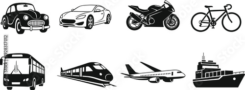 Black and white vector illustration set featuring diverse transportation vehicles including car, motorcycle, bicycle, bus, train, airplane, and cargo ship for travel concepts