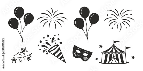 A delightful assortment of circus-themed illustrations including balloons, fireworks, and a tent Vector