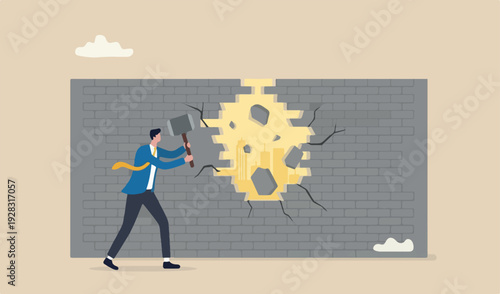 Breakthrough business boundary or limit, breaking the wall to see new work opportunities or challenge concept, superpower businessman crack or breaking the wall hammer see light outside
