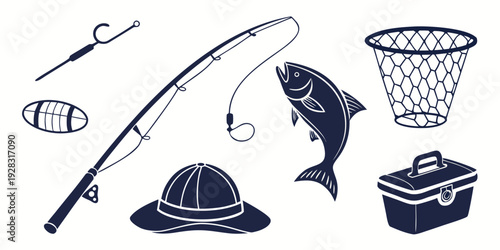 A collection of fishing and camping equipment including a hat, basket, and fish Vector