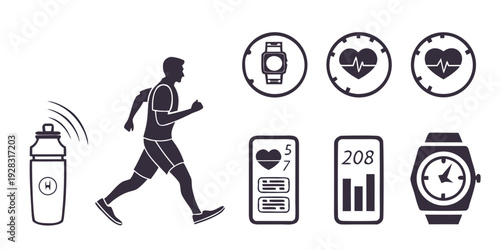 Man running with smartwatch and various health and fitness icons around him Vector