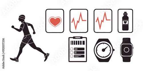 Icons representing health, fitness, and medical monitoring activities and tools Vector