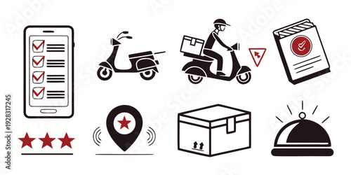 Illustrations of various delivery services and their associated items Vector