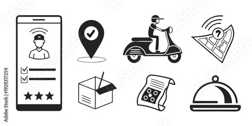 Illustrations of various services and objects including delivery, navigation, and hospitality Vector