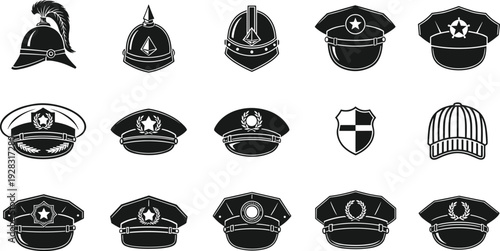 Black and white vector silhouette collection featuring police officer hats, sheriff caps, military helmets, pilot headwear, and security guard uniform icons.