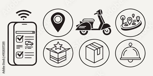 Illustrations of a smartphone and various app icons representing different services Vector