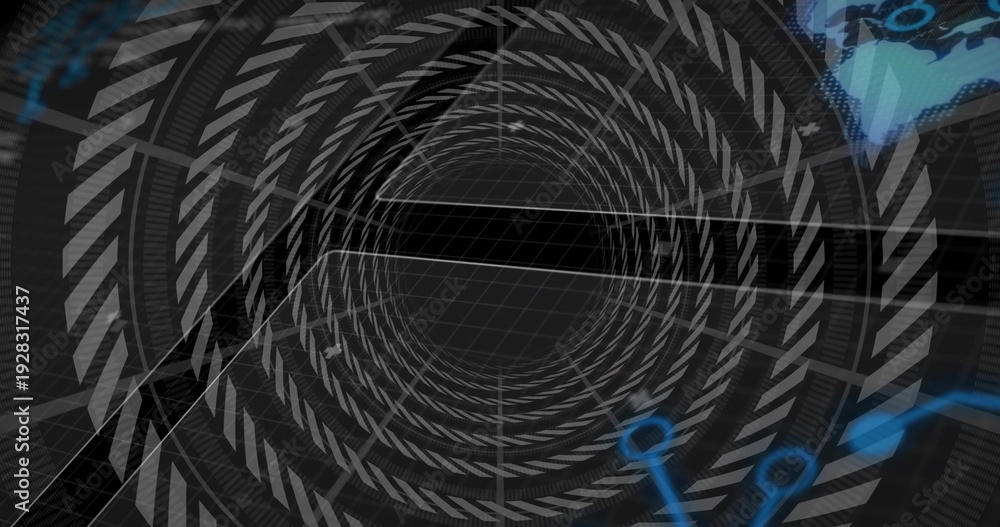 Fototapeta premium Drawing central spiral chevron rings over grid, pulling eye into virtual HUD space with blue nodes