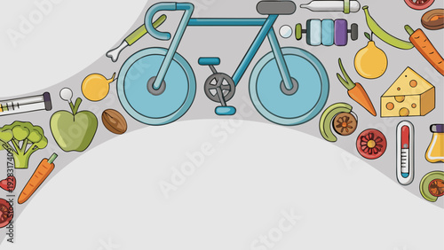 Colorful assortment of fruits and vegetables arranged with bicycles and cycling elements