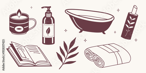 A variety of items for a relaxing spa day at home including bath salts, a bathrobe, and a book. Vector