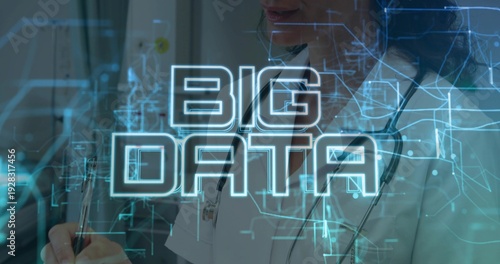 Displaying BIG DATA hologram while doctor in white coat at clinic writing on clipboard, stethoscope