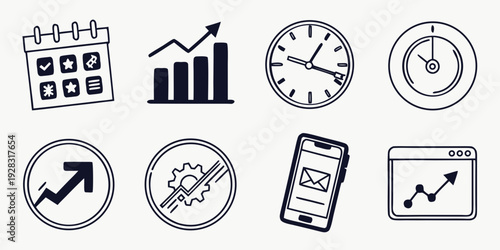 Illustrations of various icons representing time management and productivity Vector
