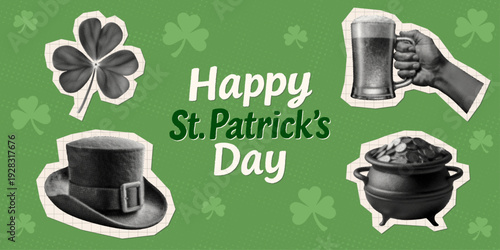 festive St. Patrick’s day collage set shamrock clover hand holding frothy beer mug leprechaun hat with buckle gold coins pot elements isolated green background seasonal greetings party invitation