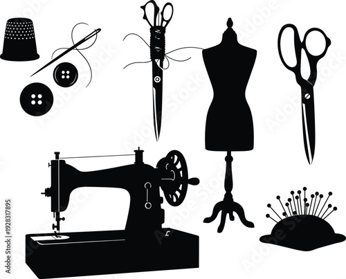 Vintage sewing machine and tailoring tools black silhouette collection isolated on white background, dressmaker equipment for handicraft and fashion design.